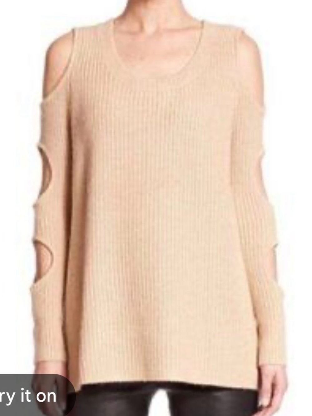 Zoe Jordan Beige Cashmere Wool Blend Cutout Shoulder & Arms Ribbed Sweater